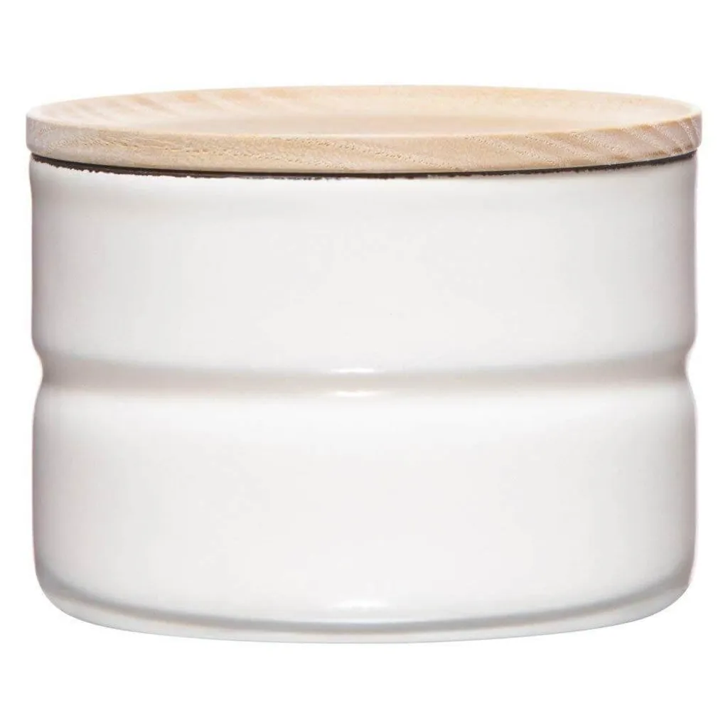 Petit Pot en Émail Blanc Riess 0,2 Litre avec Couvercle en Bois Noble