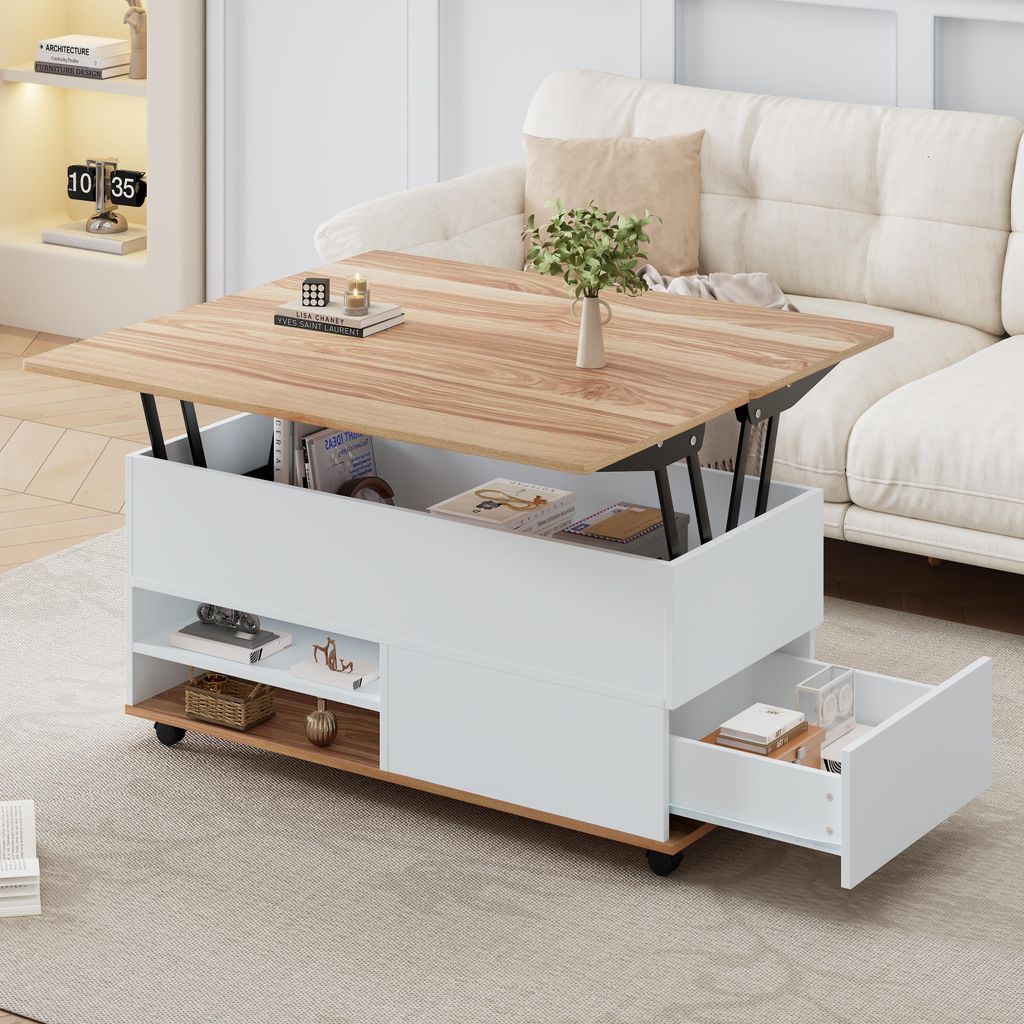 okwish Höhenverstellbarer Couchtisch Kaffeetisch mit 2 Hubtischplatten,Wohnzimmertisch Sofatisch mit zweischichtiger Ablagebereich,Weiß/Naturholz