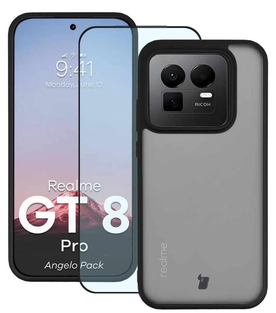 Schutzhülle + gehärtetem Glas Bizon Angelo Pack für Realme GT 8 Pro, Getönte mit schwarzem Rahmen
