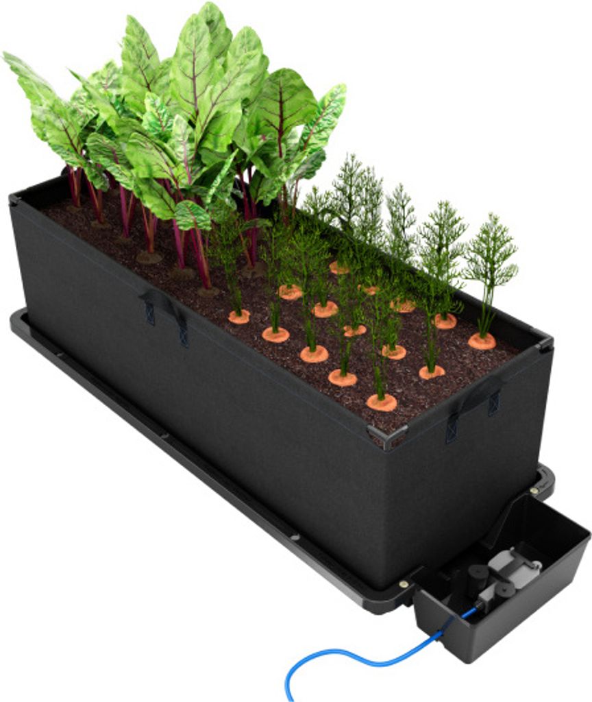 A raised garden bed planter with beets and carrots growing in it, connected to a water pump.