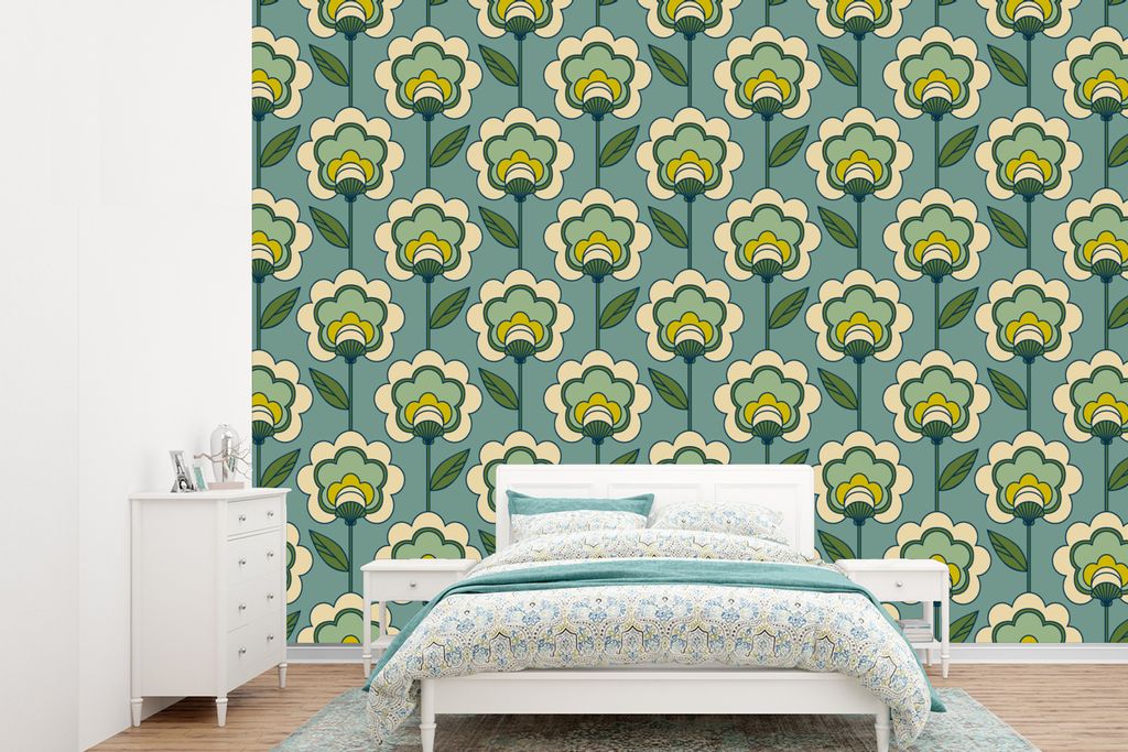 MuchoWow Fototapete für Wohnzimmer oder Schlafzimmer Wandtapete Vinyl Motivtapete Retro - Design - 1970er Jahre - Blume - 305x220 cm - Wandbilder