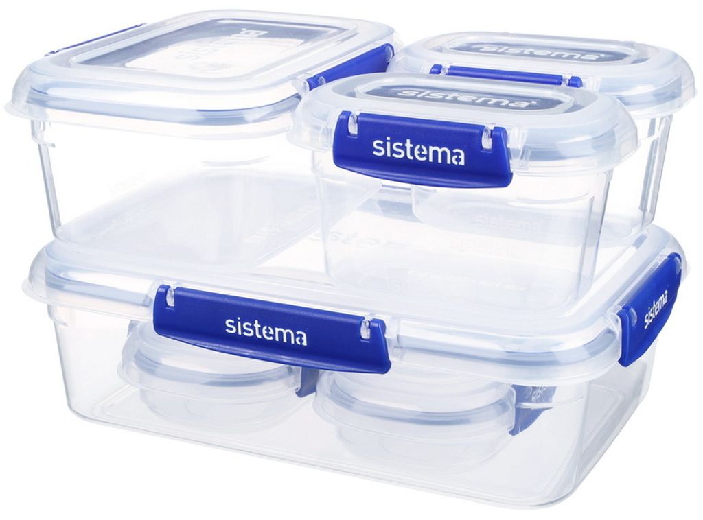 A set of clear plastic food storage containers with blue lids and clasps, stacked on a white background.