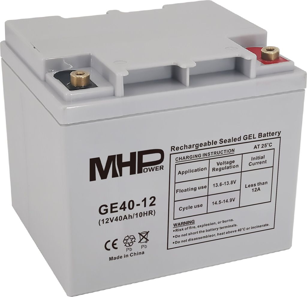 MHPower GE40-12 Gel-Batterie 12V/40Ah, Klemme T1 - M6, Deep Cycle