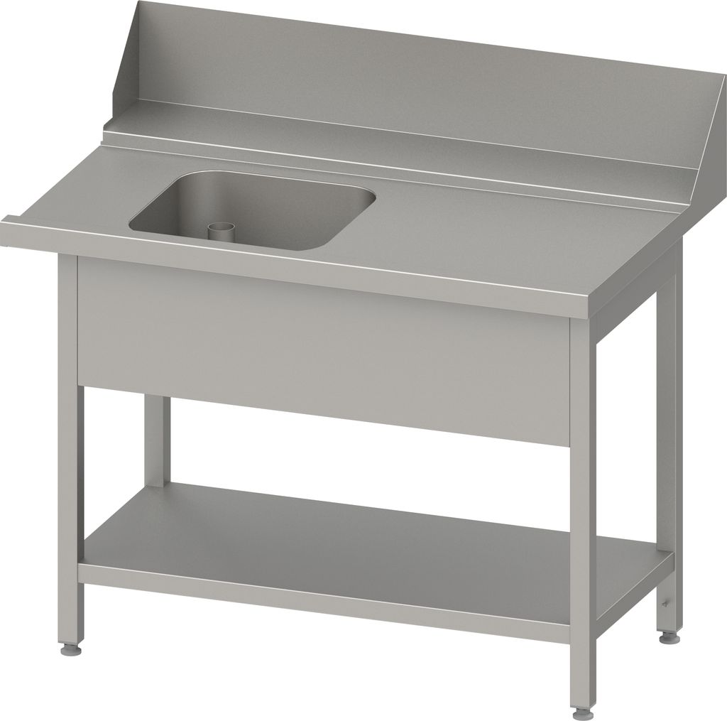 Zulauftisch "PRO", Korbführung mit Gefälle, mit Grundboden und einem Becken 1800x750x880 mm, Anbauseite rechts, mit Aufkantung 200 mm und Beckenb...
