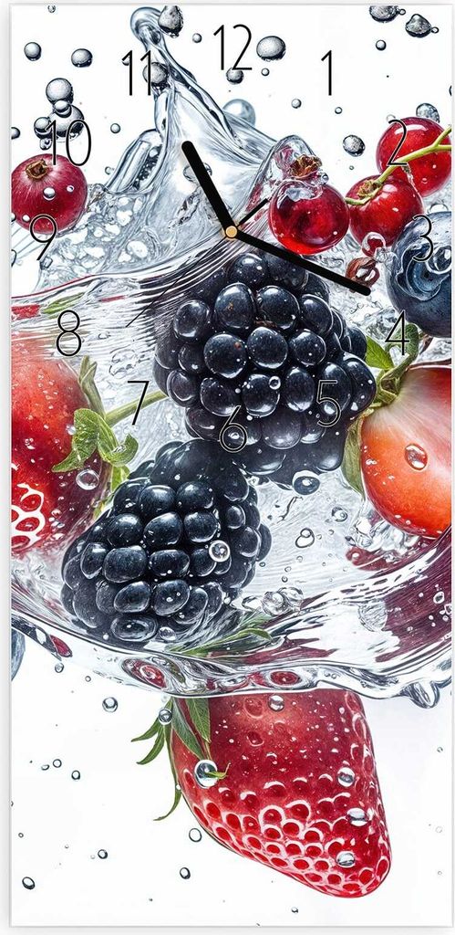 Wanduhr aus Glas mit Motiv Beeren im Wasser- 30 x 60 cm - inkl. Aufhängesystem