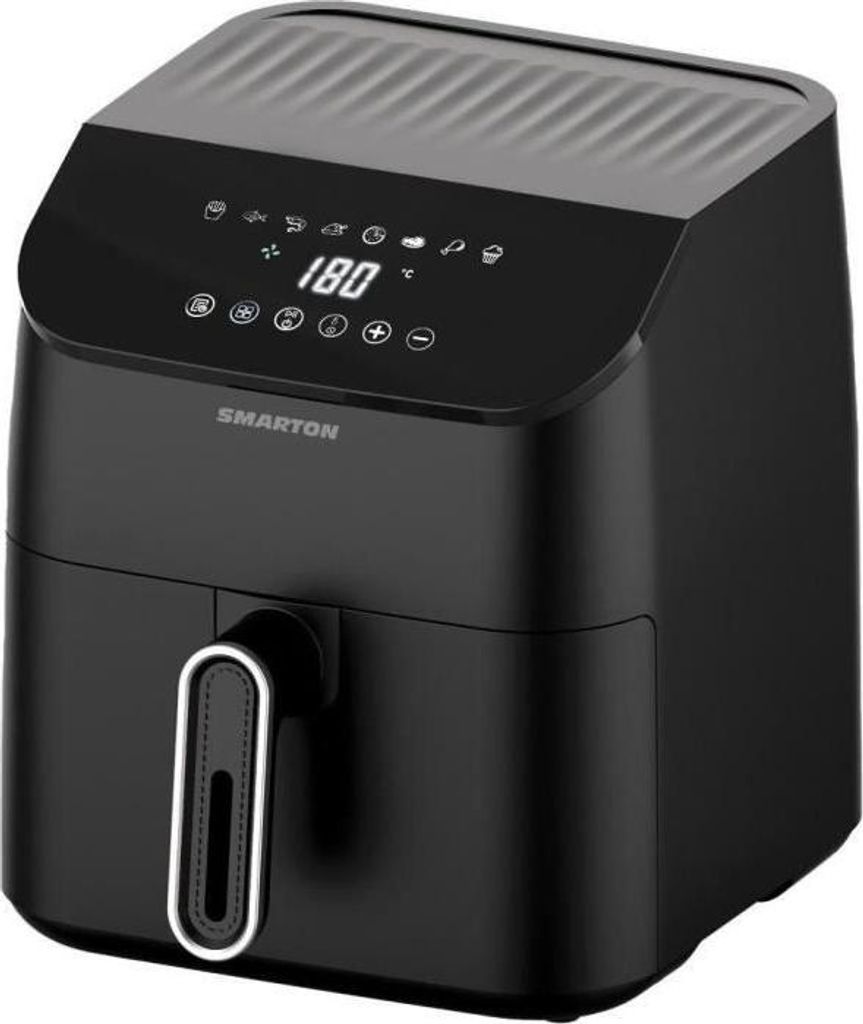 A black Smarton air fryer is shown from a front-side angle against a white background.