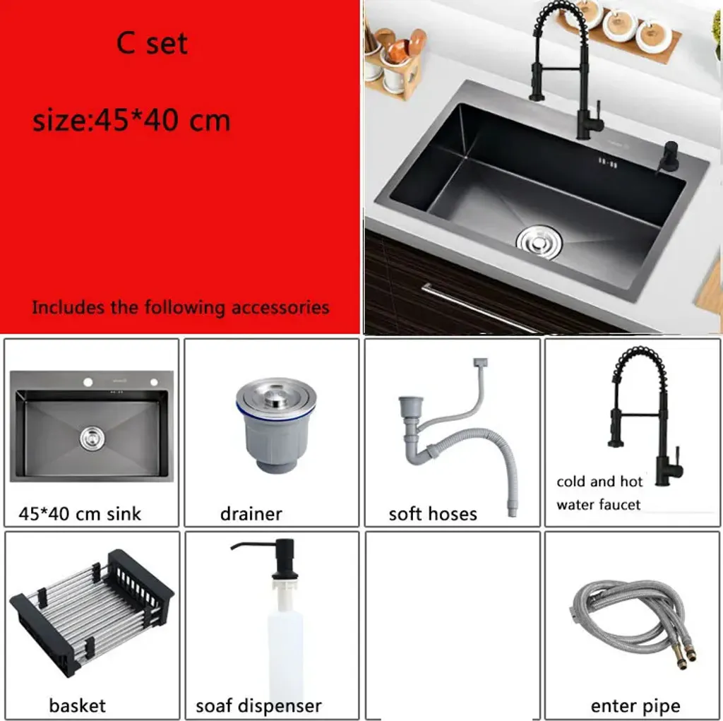 Évier de cuisine en acier inoxydable rouge avec égouttoir et distributeur