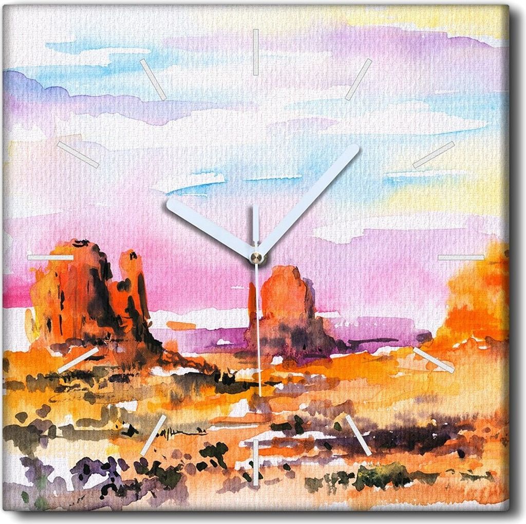 Coloray Uhr auf Leinwand 30x30 cm Wand Uhr Dekoration Wohnzimmer Segeltuch weiße Zeiger -Sonnenuntergangwüste