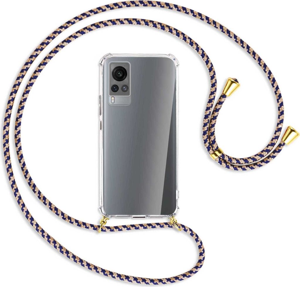 Handykette Backcover-Schutzhülle mit Band (Metall goldfarben) für vivo X60 - blau+beige