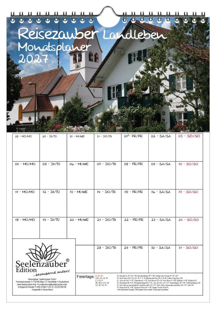 Reisezauber Landleben Planer DIN A4 Kalender für 2027 Urlaub Landleben - Seelenzauber