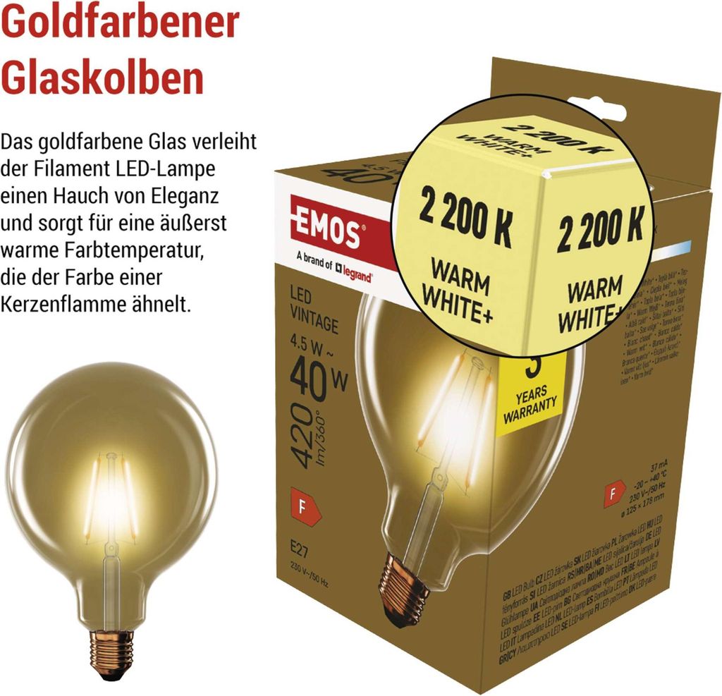 EMOS LED Lampe Vintage Edison G125, 4,5W Ersatz für 40W, Amber Glaskolben, E27 Sockel, Helligkeit 420lm, Warmweiß 2200K, 25000h Lebensdauer, Z58032