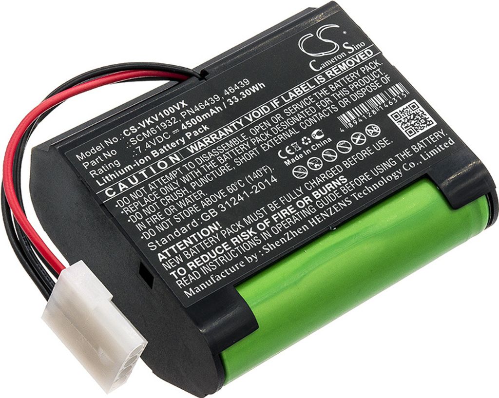 A close-up, angled view of a lithium-ion battery pack with visible text and branding.