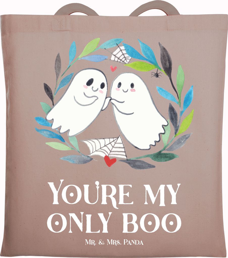 Mr. & Mrs. Panda Tote Bag Gespenster Liebe - Braun Pastell - Geschenk, Shopping Tasche, Laptoptasche, Verliebt, Paar, Schultasche, Jutebeutel, Gesp...