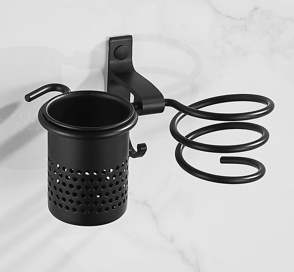 EMKE Haartrocknerhalter mit oder ohne Bohren 1 Stück Fönhalter mit Haken und Korb für Badezimmer Schwarz