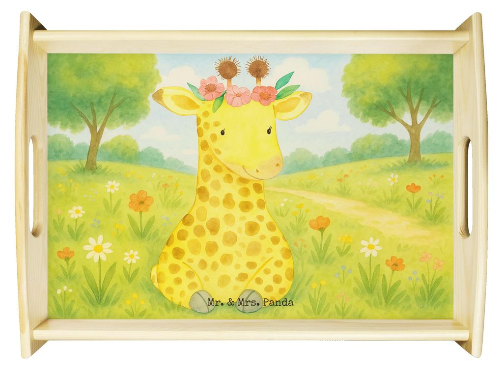 Mr. & Mrs. Panda Servier Tablett Giraffe Blumenkranz Design - Weiß - Geschenk, Sofa, holz, Freundin, Serviertablett, Holztablett, Dekotablett, Abe...