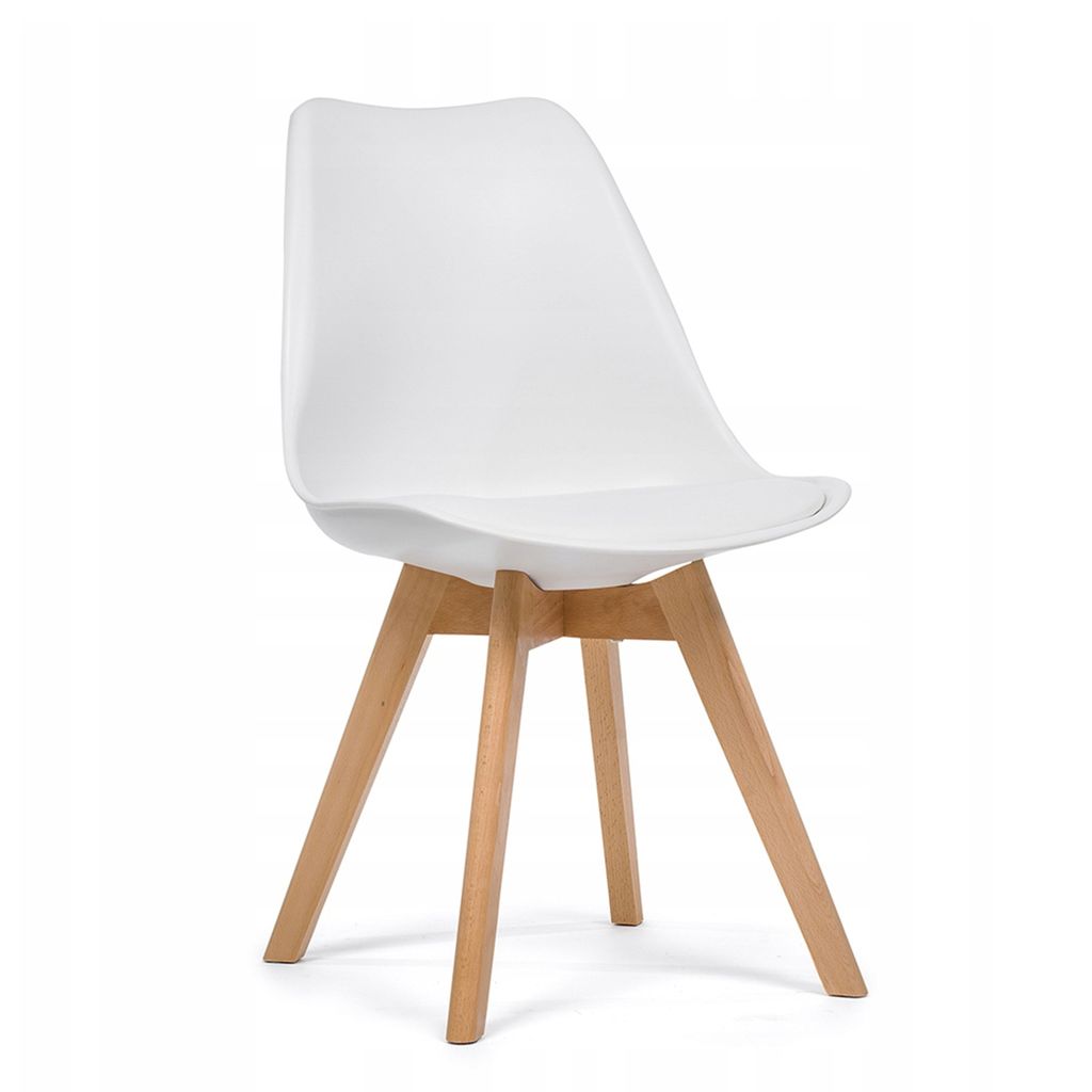 A modern white chair with wooden legs, photographed on a white background.