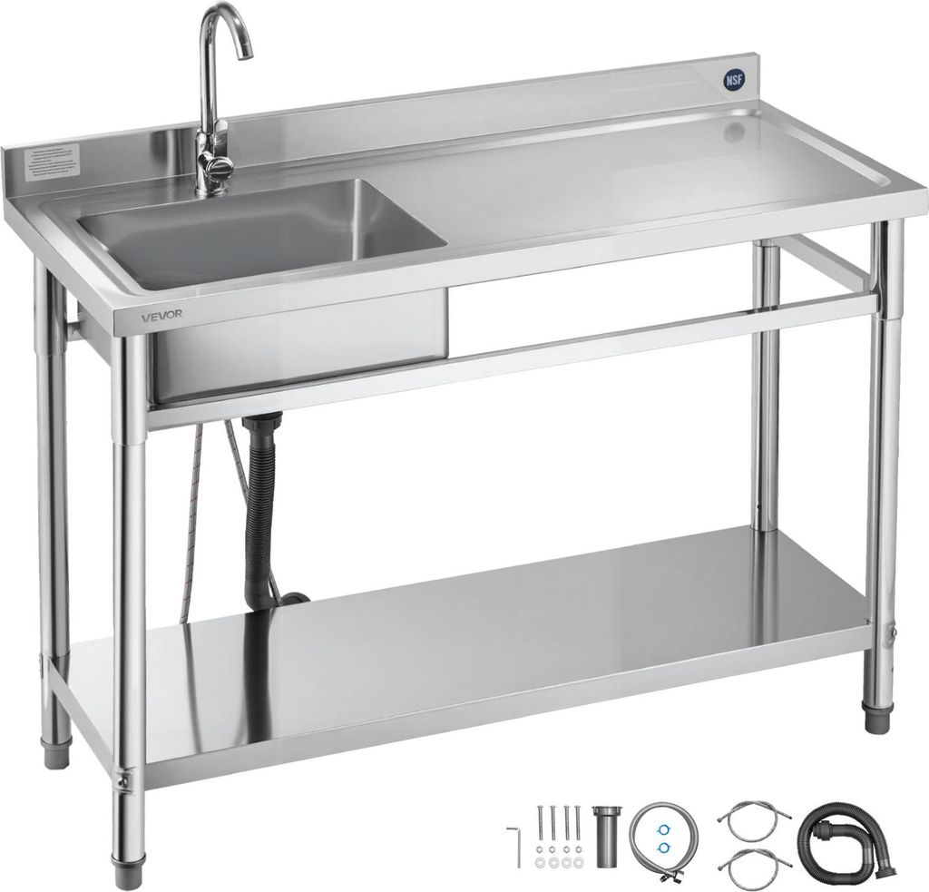 VEVOR Spültisch Spülbecken Edelstahl (120 x 50 x 94 cm), Einzelbecken mit Wasserhahn & Ablage, Küchenspüle für Garage Restaurant Wäscherei, W...