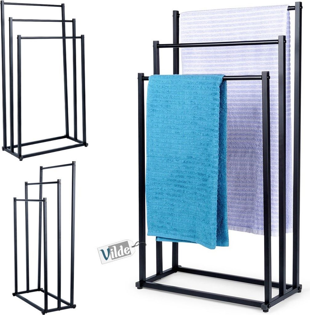 A product image showing a black metal towel rack with two towels draped over it, alongside smaller inset images of the same towel rack.