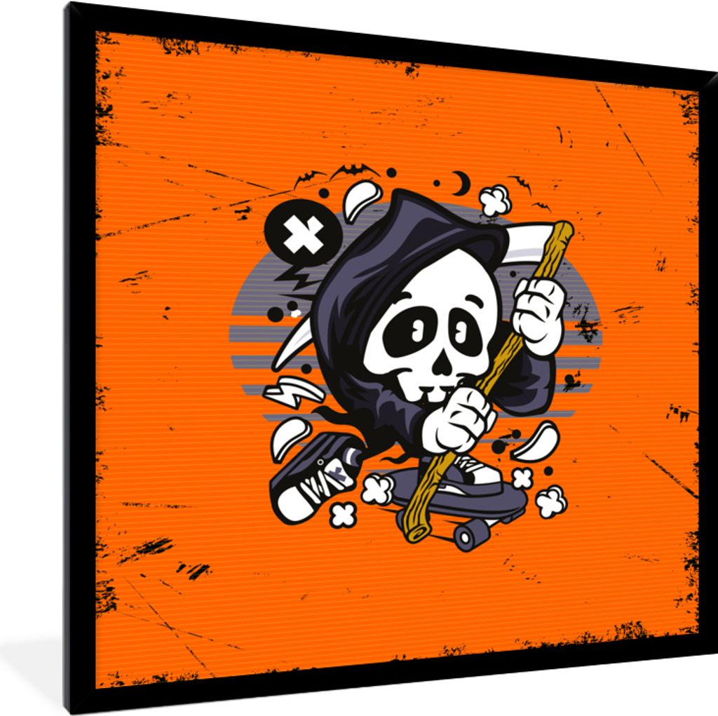 MuchoWow MuchoWow Gerahmtes Poster Jahrgang - Skelett - Skateboard 40x40 cm - Poster mit zchwarzem Bilderrahmen - Mit Rahmen - Wanddekoration S...