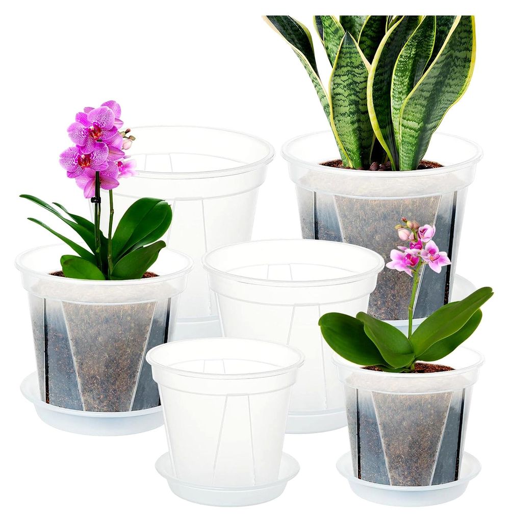 6 Stück Kunststoff Blumentopf mit Untersetzer, 12/15/18cm Transparenter Orchideentopf, Plastik Übertopf Kräutertopf mit Mehrere Ablauflöchern, ...