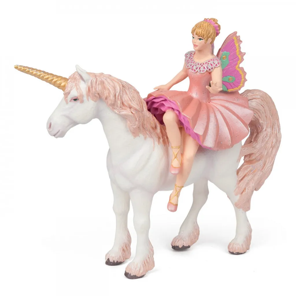 Statuette de licorne avec elfe ballerine, objet déco magique rose