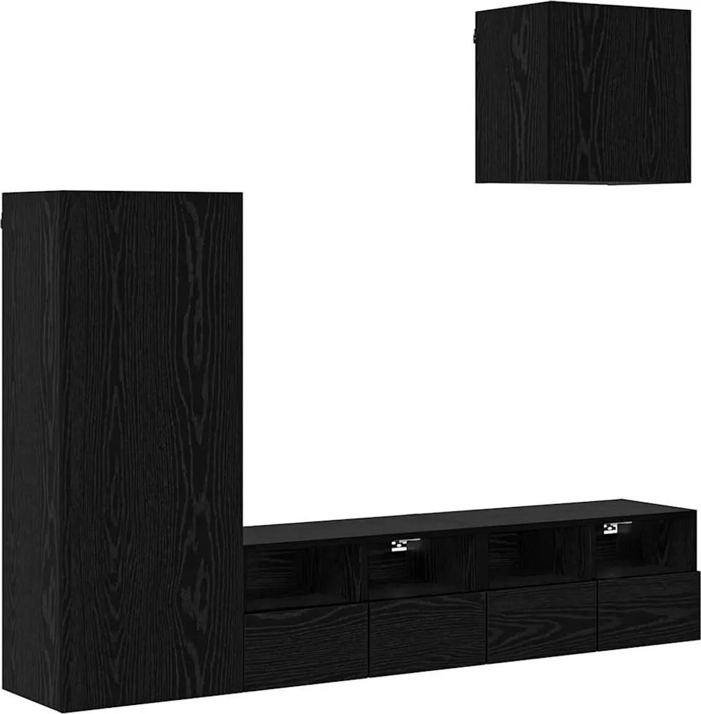 Ensemble meuble TV mural 4 pièces Noir Chêne - Finition bois robuste