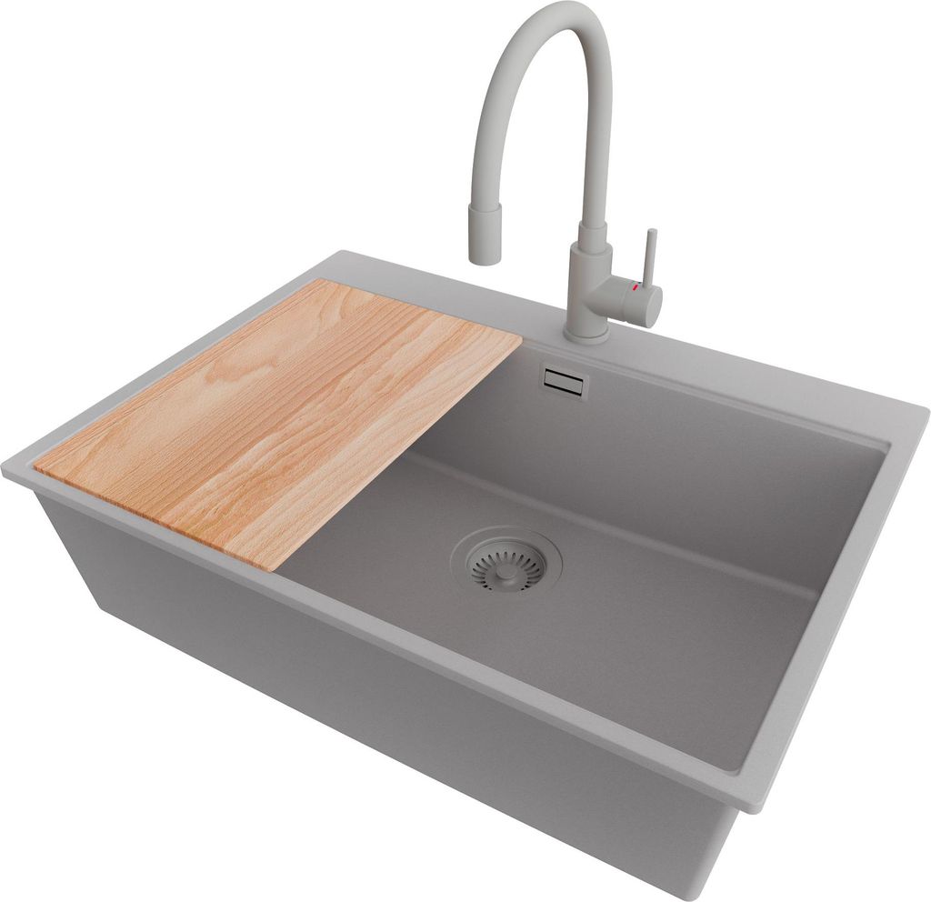 PRIMAGRAN Granitspüle Grau 68x50cm, Spülbecken 1 Becken + Küchenarmatur 38x14cm + Ablauf-Set + Schneidebrett, Küchenspüle ab 70er Unterschrank...