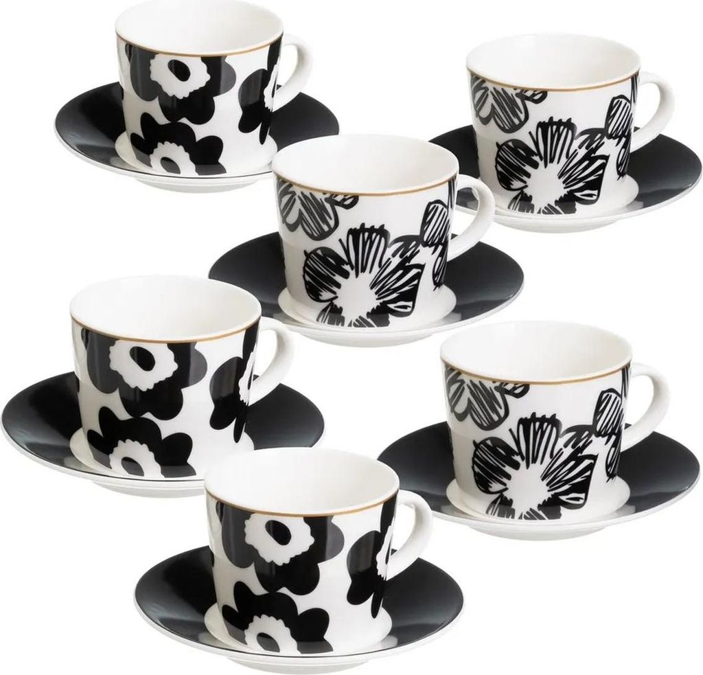 HowHomely | Tasse - 6er Set Kaffeetassen mit Untertassen - weiß schwarz - 100 ml - Keramiktassen - geblümt