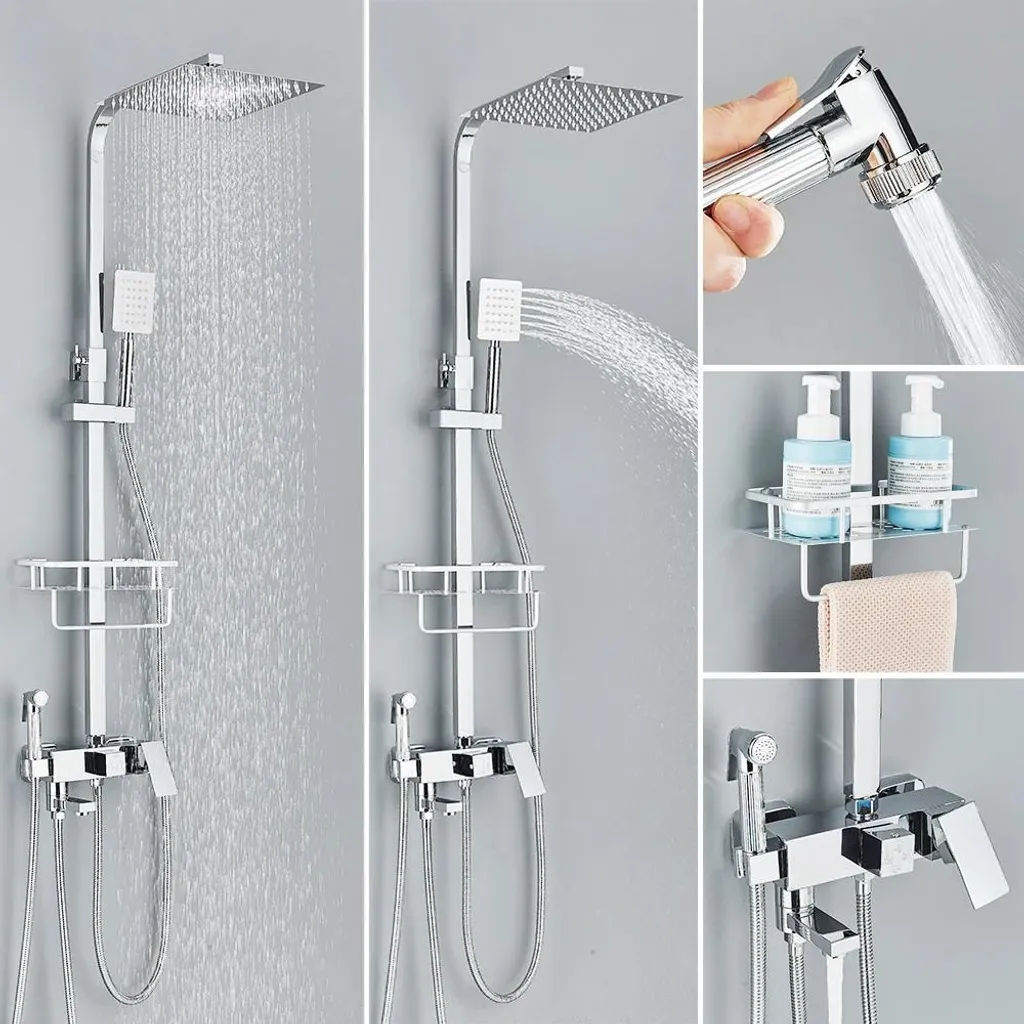 Colonne de douche avec mitigeur bi-commande et pommeau inox bleu