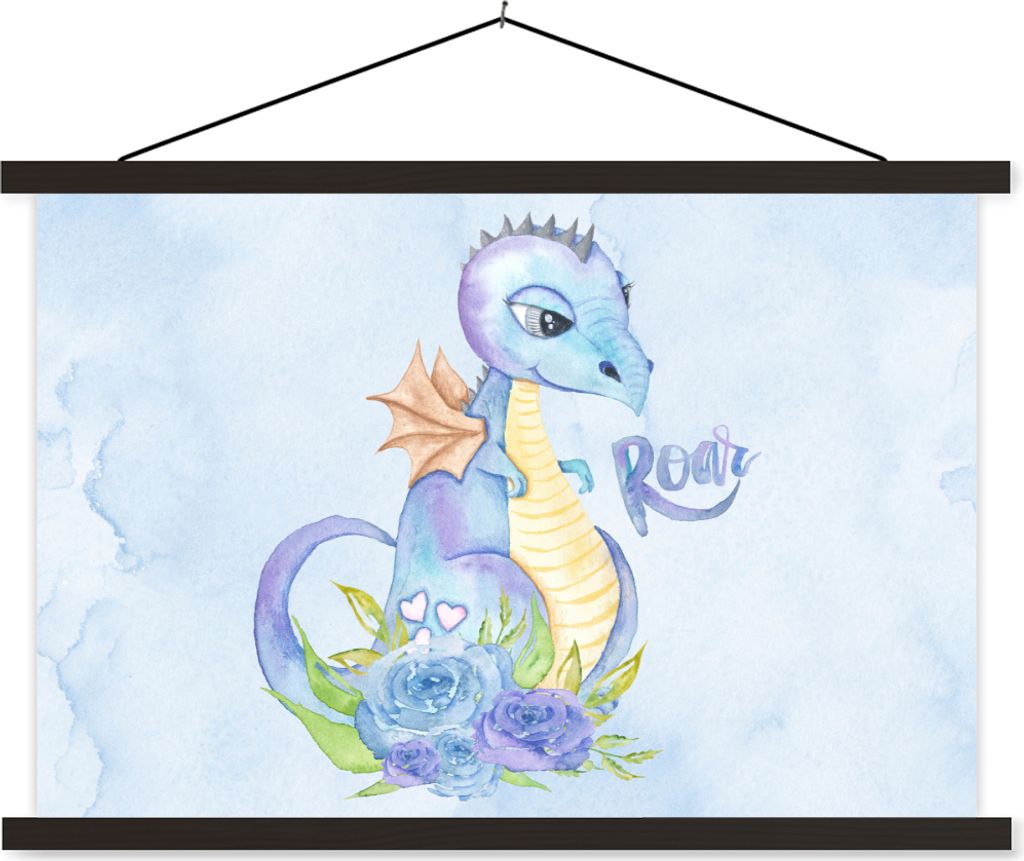 MuchoWow Textilposter Dino - Kinderzimmer - Aquarell - Jungen - Kinder 90x60 cm mit schwarzem Rahmen - Aufhängungssatz