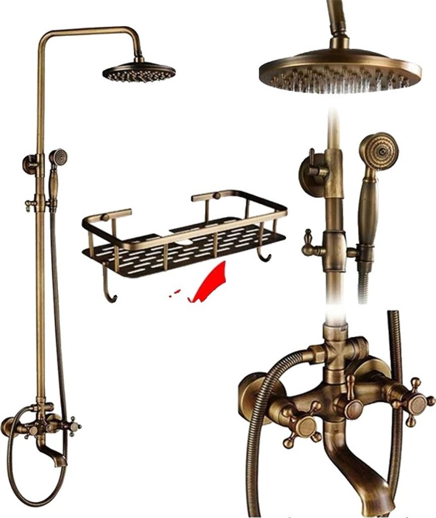 Antiker Messing Regenfall-Duscharmatur, Dual-Handle-Steuerung, höhenverstellbar, B Regal