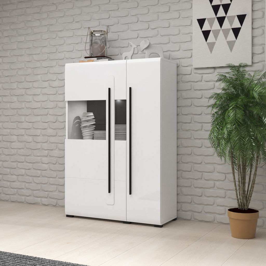 Masseno Kommode TULLIA 90 cm Highboard und 2 Türen für Wohnzimmer Schlafzimmer Modern 90x39x136 cm Weiß / Weiß