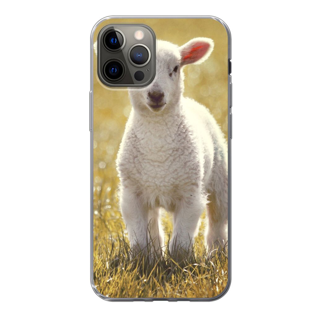 MuchoWow Handyhülle Schutzhülle Hülle für iPhone 13 Pro Lamm - Gras - Sonne Silikon Softcase Handy Hülle - Handy-Tasche