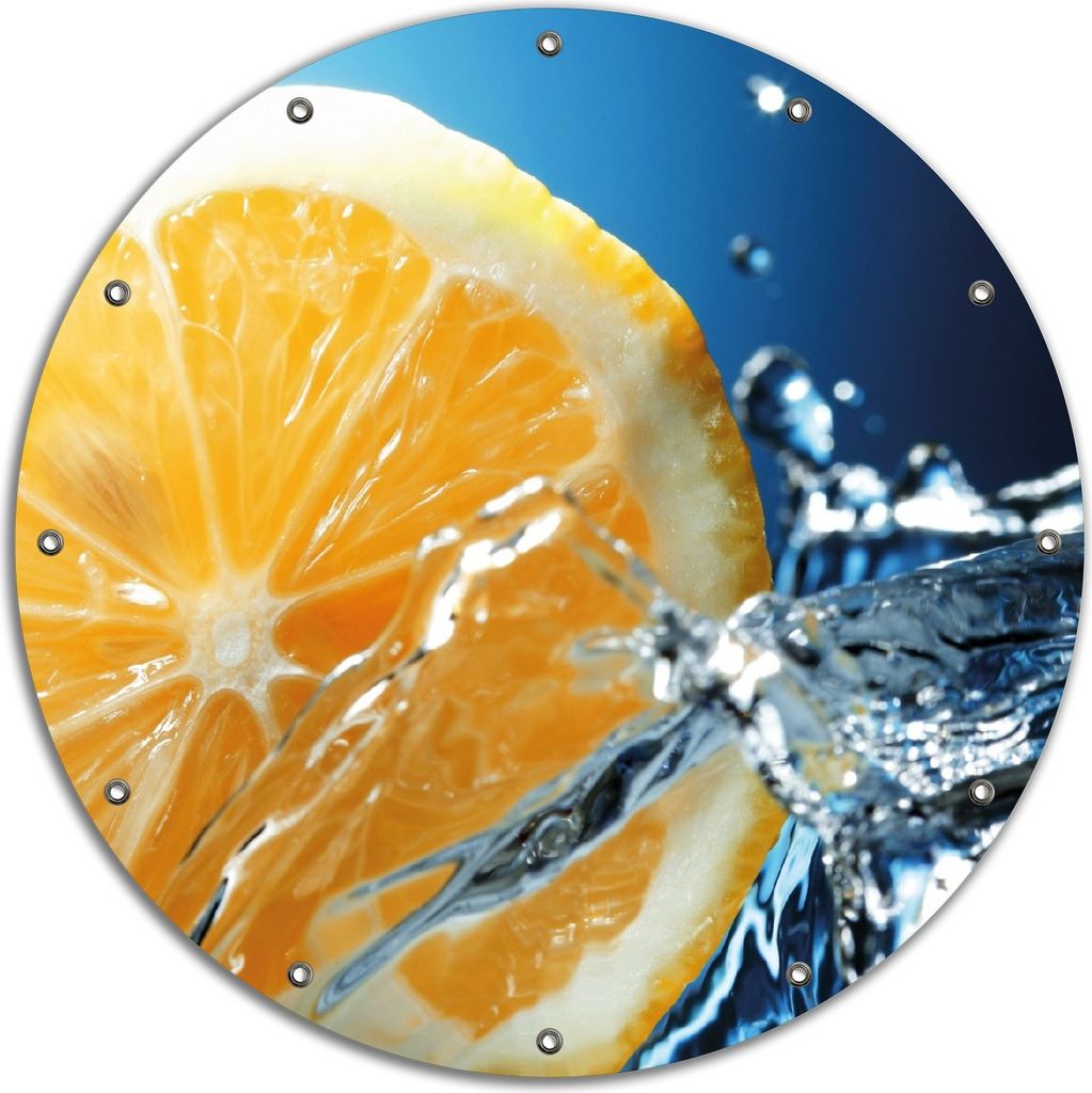 Wallario rundes Outdoor-Poster für Garten oder Balkon, Motiv Orange in spritzigem Wasser vor blauem Hintergrund, 90 cm Durchmesser
