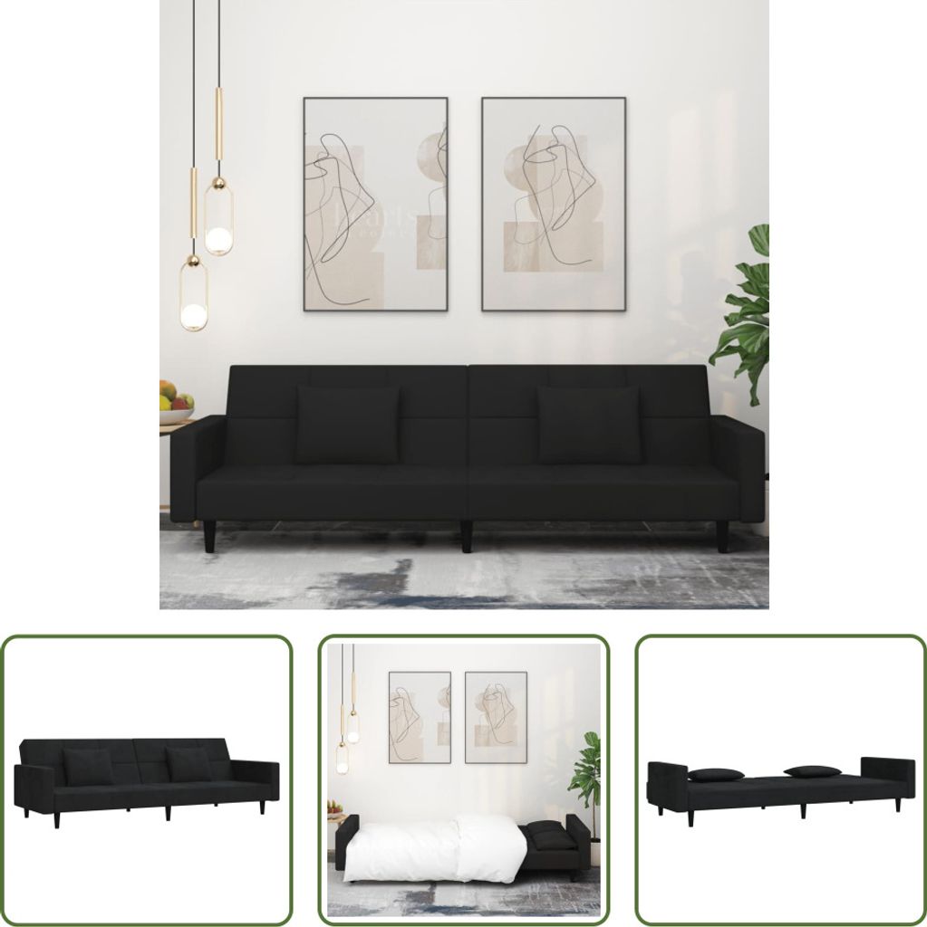 The Living Store Schlafsofa 2-Sitzer mit 2 Kissen Schwarz Samt