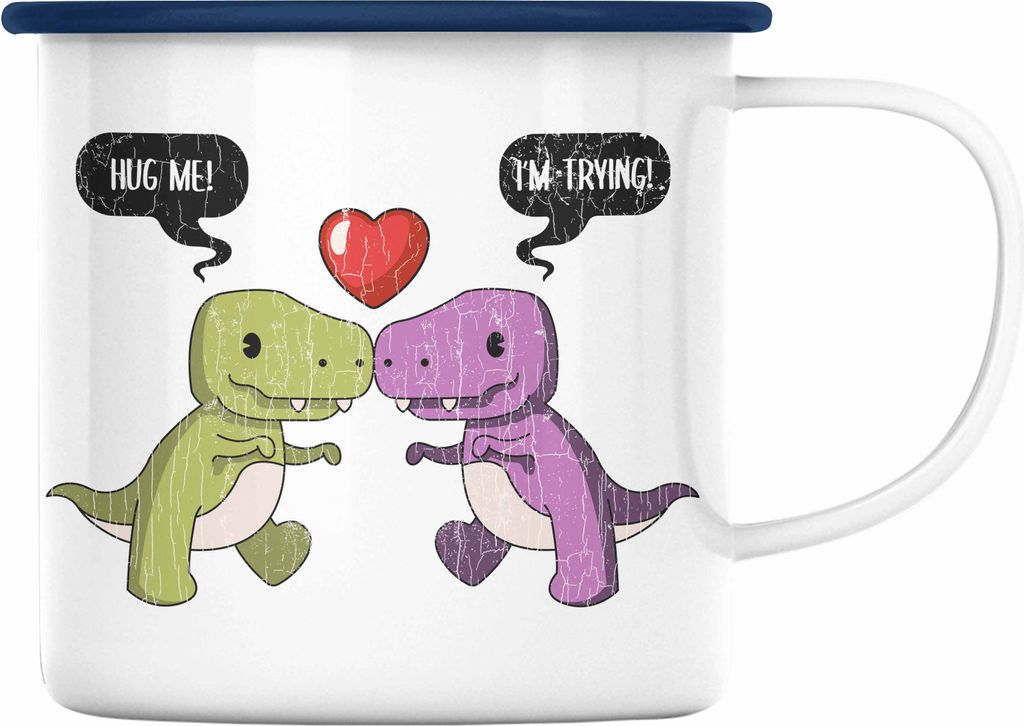 Trendation - Valentinstag Emaille Tasse Geschenk für Ihn Sie Lustig Dinosaurier Geschenkidee Becher Freund Freundin Liebe Paare (Blau)