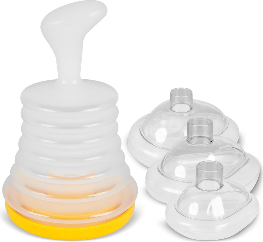 A medical device for clearing airways, shown with multiple mask attachments.