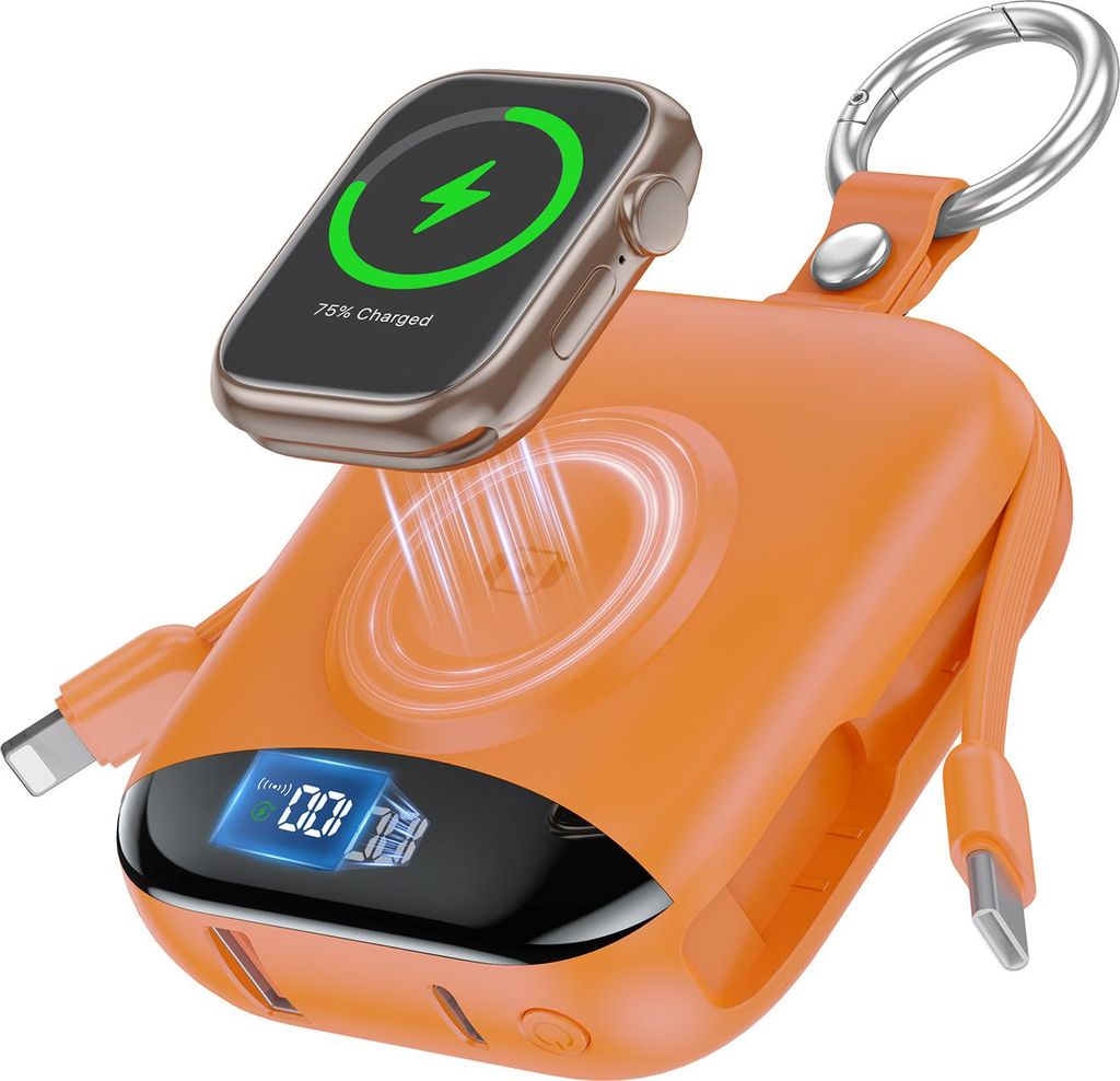 10000 mAh 22,5 W Schnellladeger?t mit integrierten Kabeln, 4-in-1-Tragbares Ladeger?t, Orange