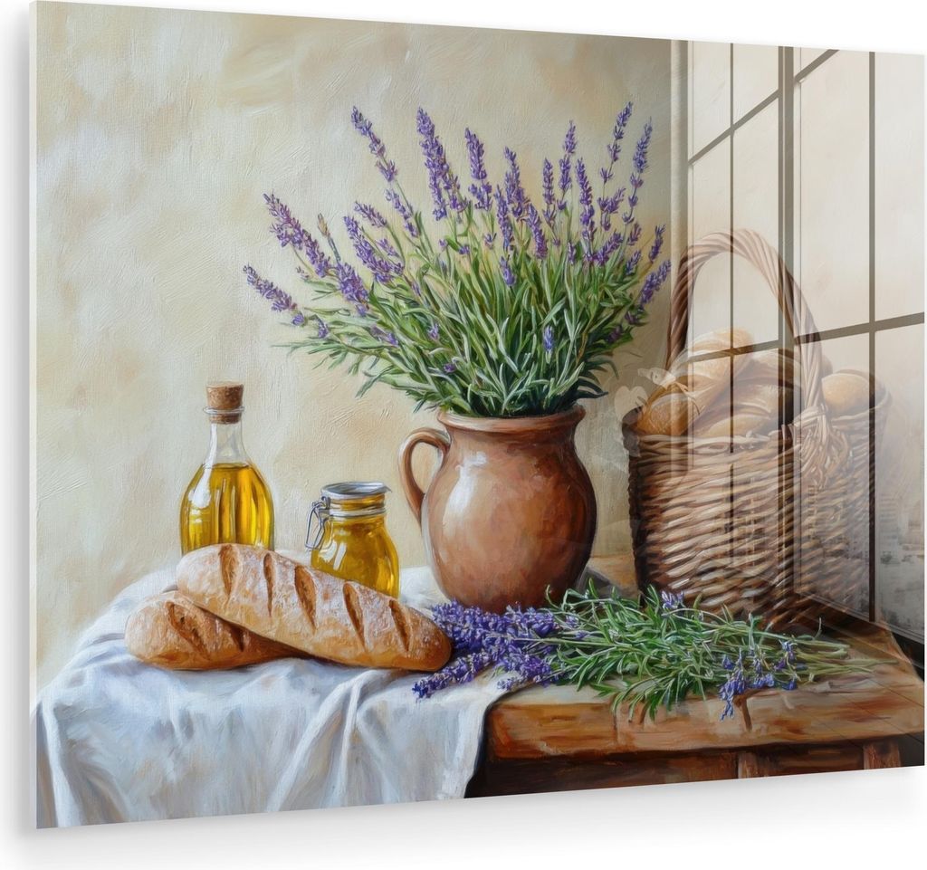 MuchoWow Glasbilder - Bilder auf Wandbild - Foto auf Glas Lavendel - Brot - Stilleben 40x30 cm Wanddekoration aus Glas - Acrylglasbild - Acrylbilde...