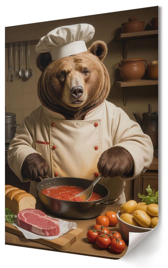 Bärenkoch- Kunstdruck A4 - Ausdrucksstark, nostalgisch, humorvoll- Wandbild für Wohnzimmer Schlafzimmer & Flur, Modernes Poster Wanddeko, Ungerahmt