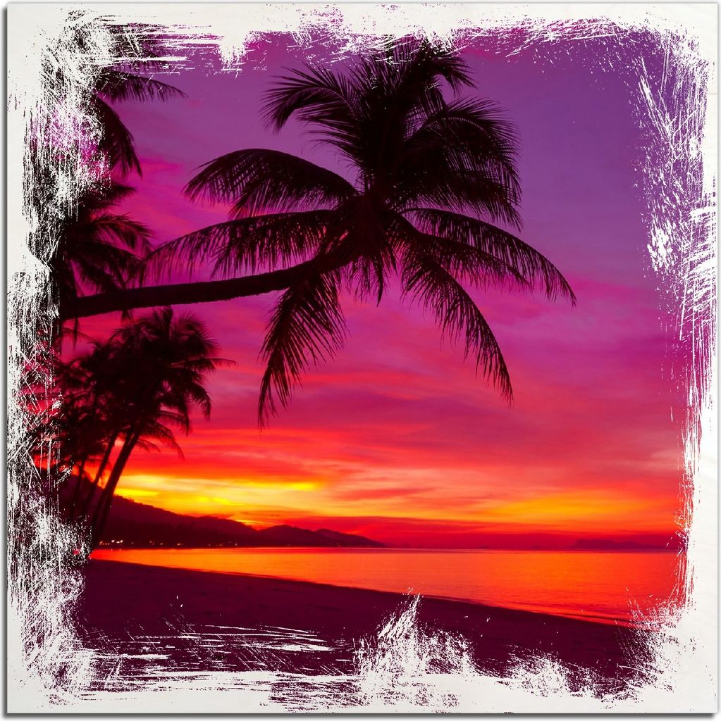 Kunstdrucke Wandbilder Holz in : Brillante Farben, Größe 50 x 50 cm Motiv Abendrot unter Palmen - pinker Himmel am Strand