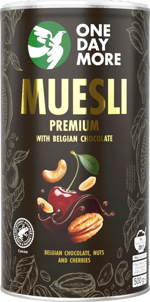 ONEDAYMORE | Premium Müsli mit belgischer Schokolade | Granola mit Pekannüssen Cashews gefriergetrockneten Kirschen 500 g