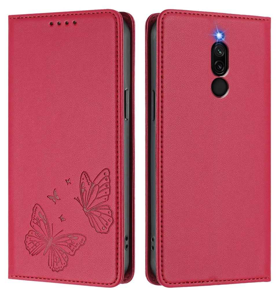 Lederhülle für Xiaomi Redmi 8/Redmi 8A, Schmetterling Prägung Leder Brieftasche Schutzhülle mit Ständer Rot