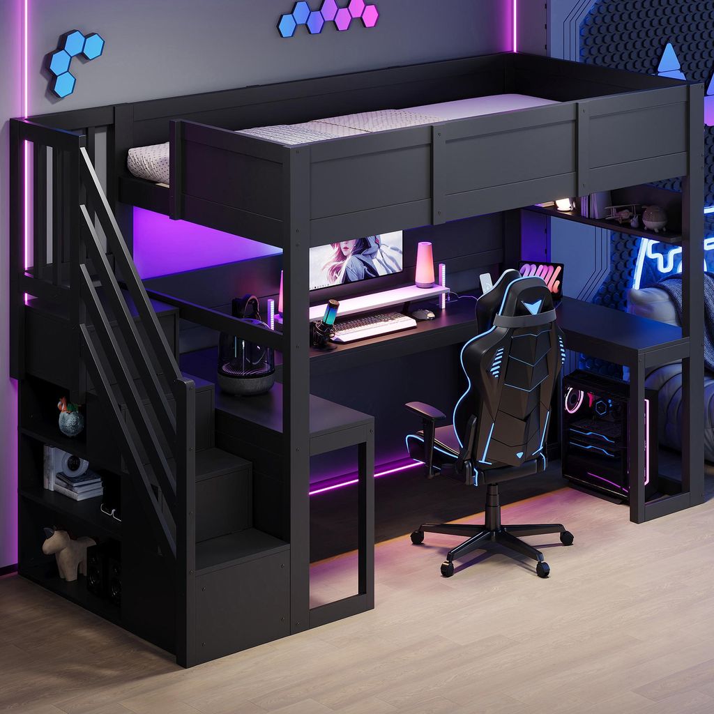 Gaming-Hochbett 90x200 cm mit Schreibtisch, Stauraumtreppe, Produktbild 