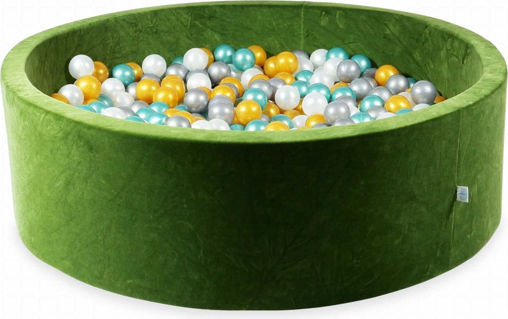 Bällebad 130x40 Samtig weich Olive – Mit 700 Bällen / Perle, Silber, Gold, Metallic-Türkis