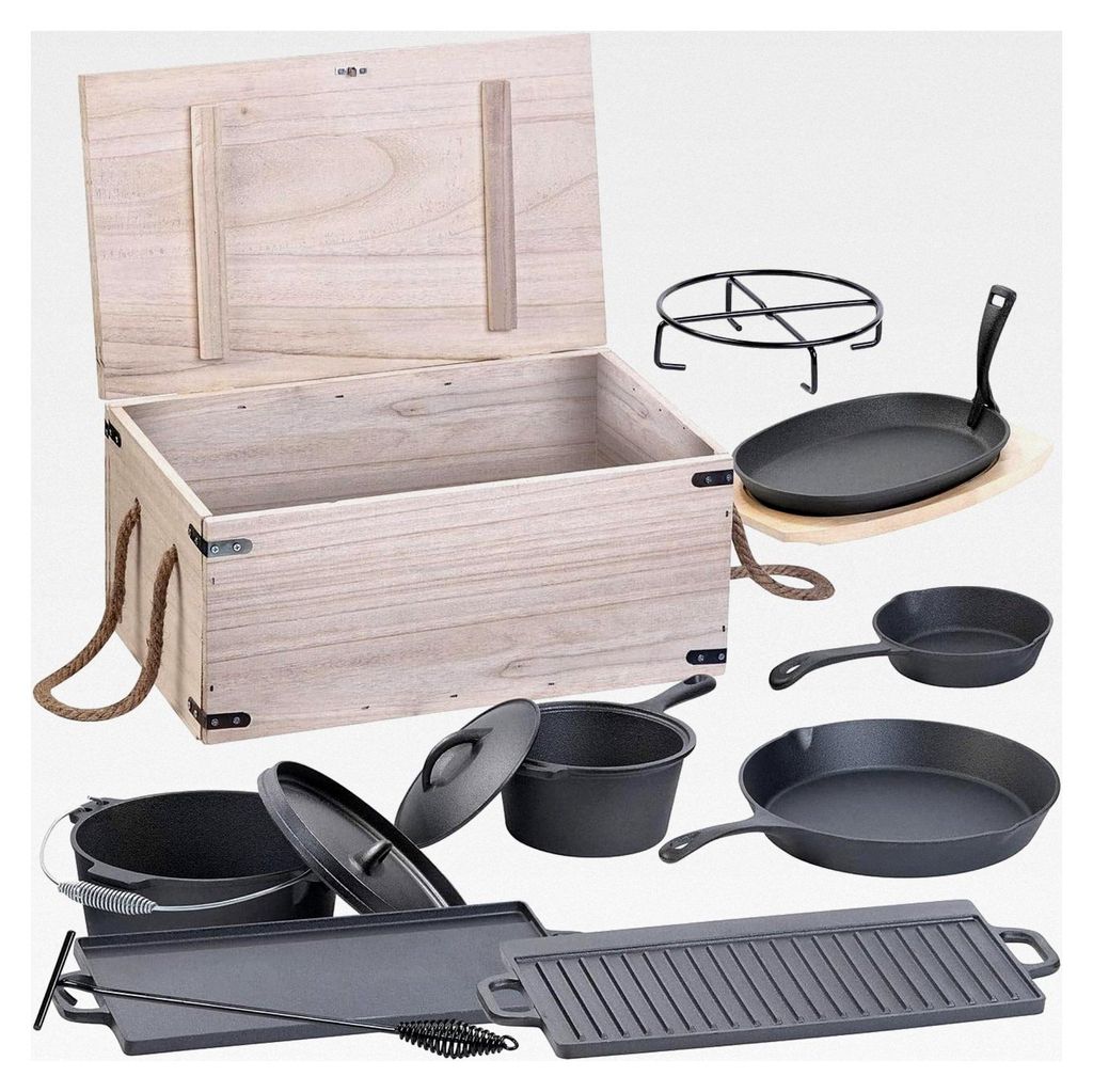 Gusseisen-Dutch-Oven-Set: 9-teilig mit Holz-Aufbewahrungskiste (Camping Kochgeschirr, Pfannen mit Deckel, BBQ)
