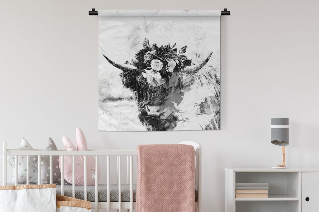 MuchoWow Wandteppich Wandbehang Schottisches Hochlandrind - Blume - Schwarz - Weiß 90x90 cm Tapisserie Dekoration Wandtuch - Wandaufhänger