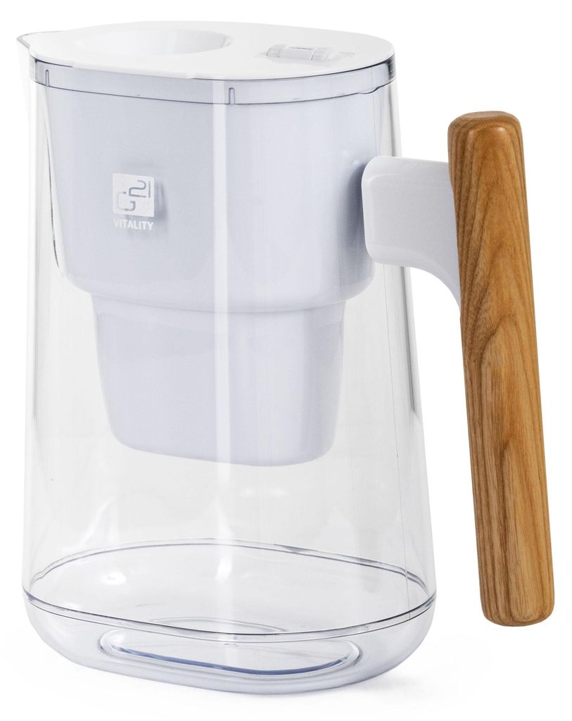 A white and clear water filter pitcher with a wooden handle.