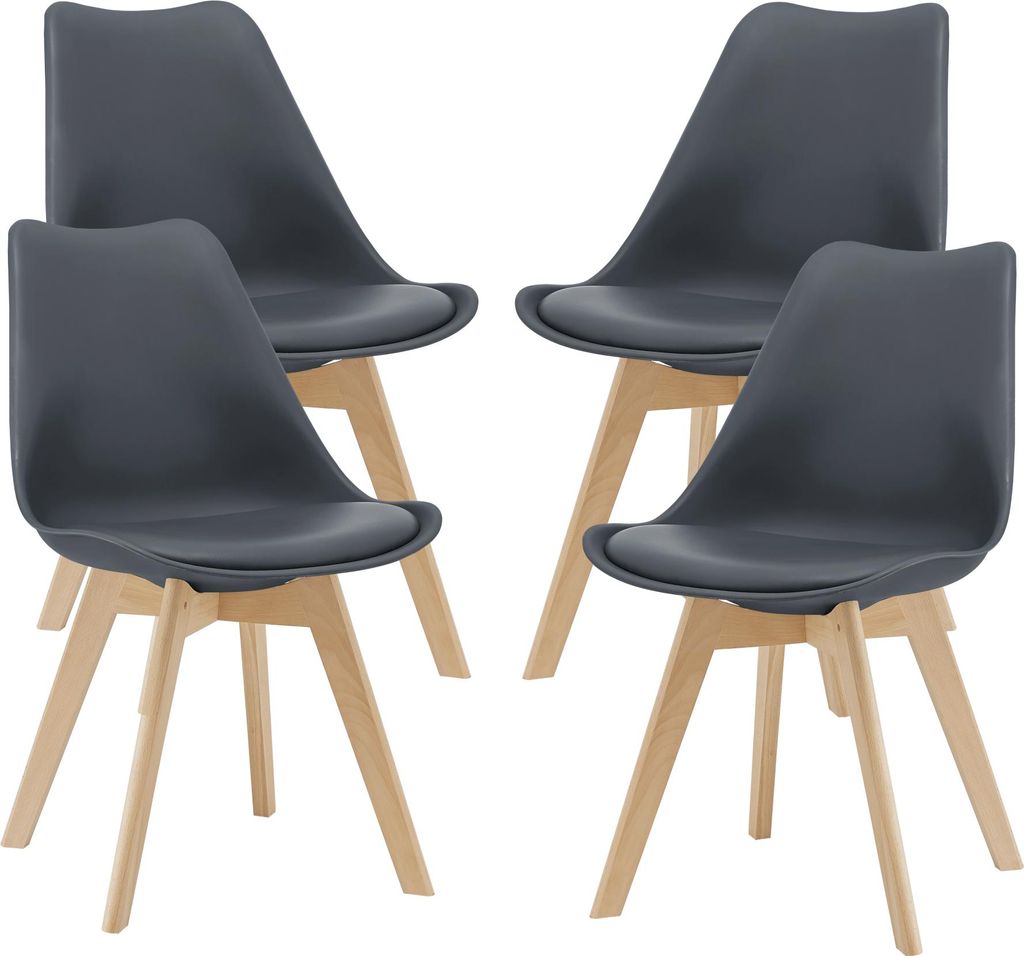 Four dark gray chairs with light wood legs are arranged in a grid against a white background.