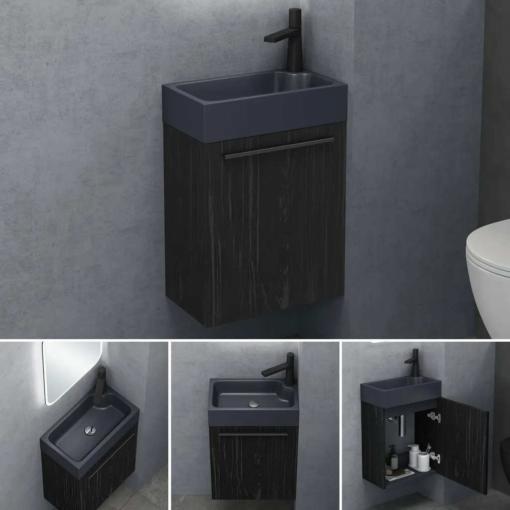 Doporro Pisa Petit Meuble sous Vasque Noir Texturé et Vasque Gris 46cm - 2